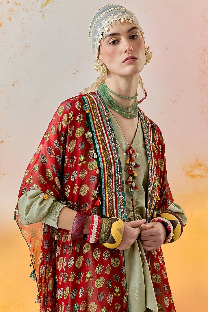 Sindoor Red Sheer Silk Embroidered & Printed Jacket by ASEEM KAPOOR at Pernia's Pop Up Shop