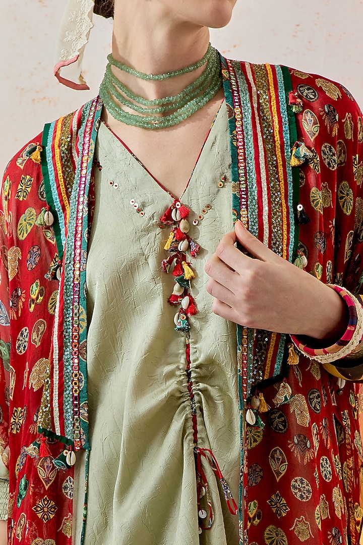 Sindoor Red Sheer Silk Embroidered & Printed Jacket by ASEEM KAPOOR at Pernia's Pop Up Shop