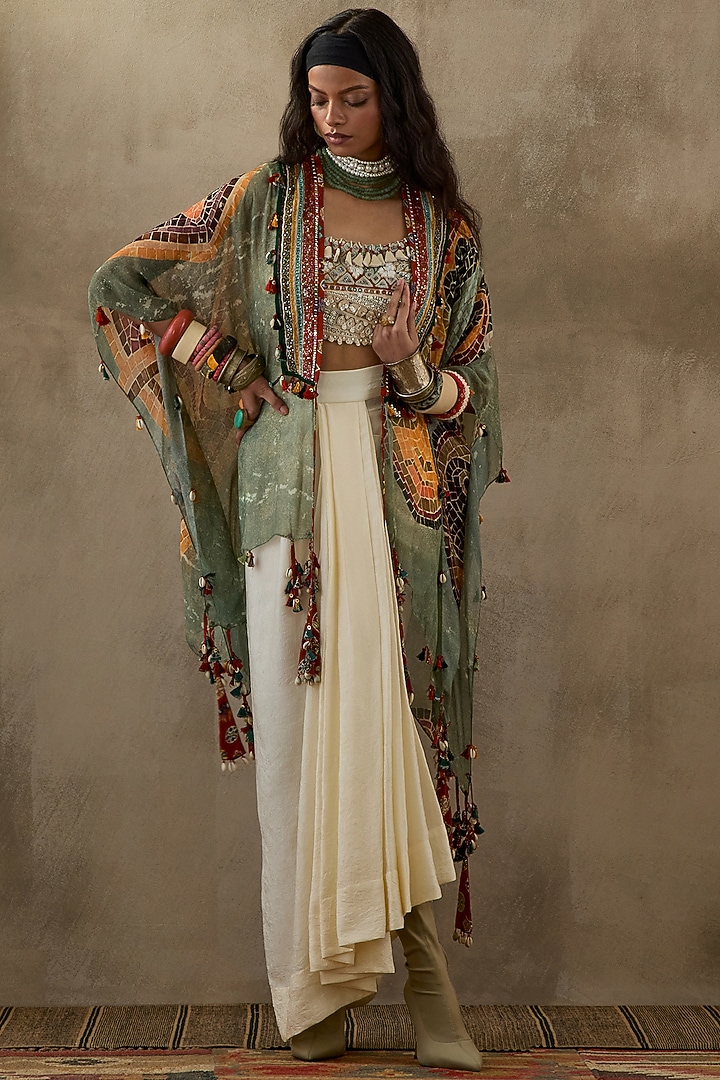 Light Green Sheer Silk Printed & Embroidered Jacket Set by ASEEM KAPOOR at Pernia's Pop Up Shop