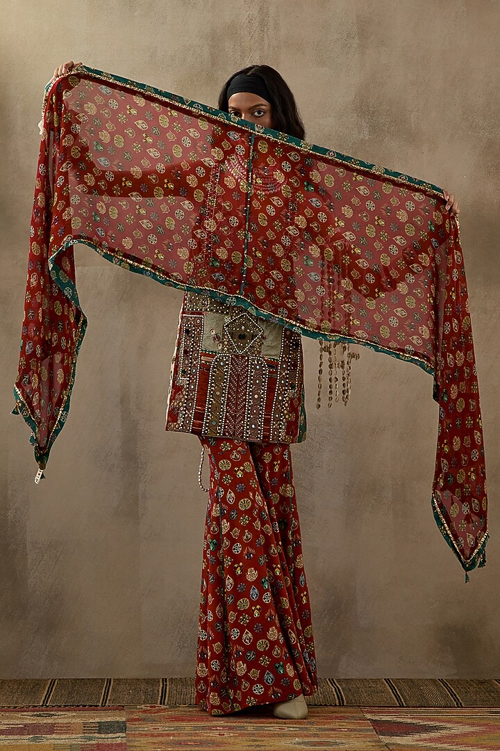Sindoor Red Sheer Silk Chevron Printed & Embroidered Dupatta by ASEEM KAPOOR at Pernia's Pop Up Shop