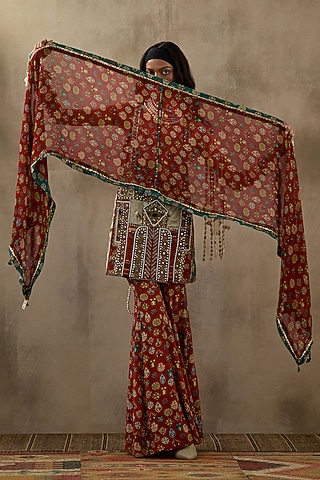 Sindoor Red Sheer Silk Chevron Printed & Embroidered Dupatta by ASEEM KAPOOR