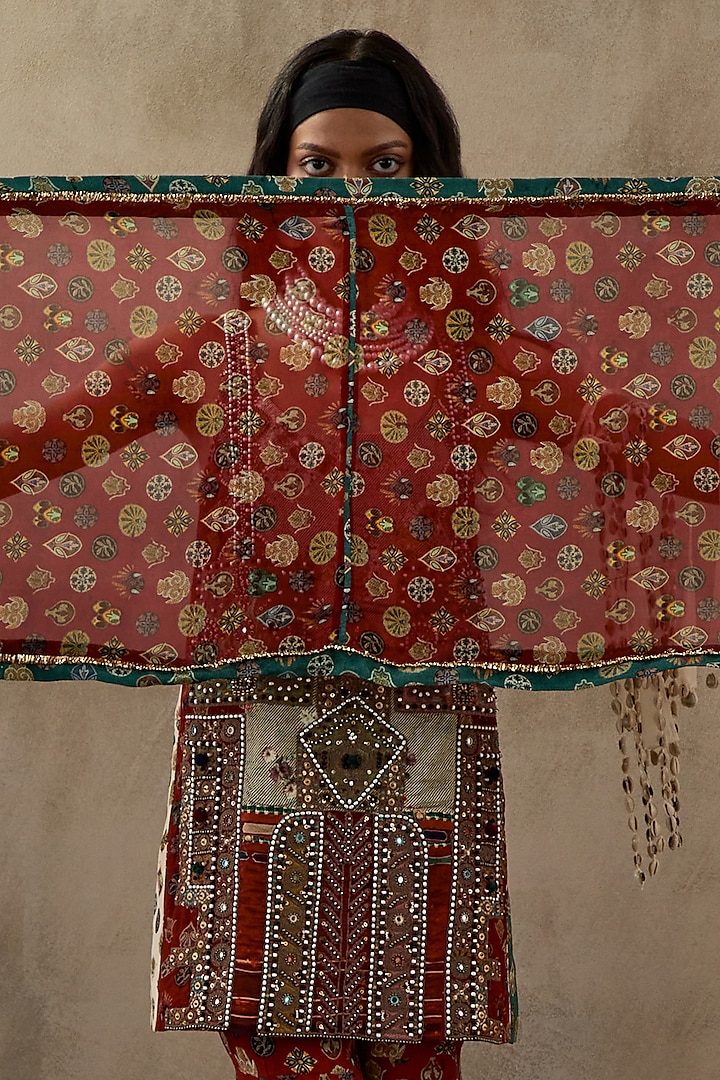 Sindoor Red Sheer Silk Chevron Printed & Embroidered Dupatta by ASEEM KAPOOR at Pernia's Pop Up Shop