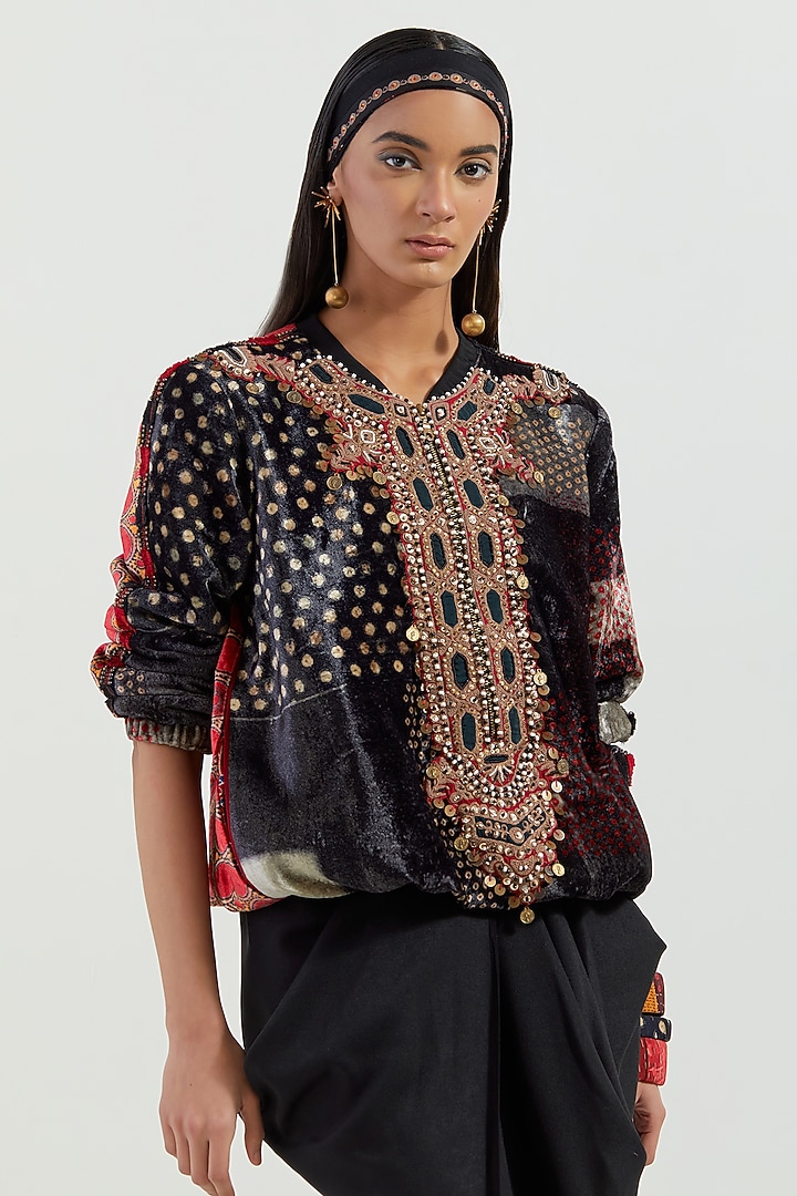 Surmai Black Velvet Resham Embroidered Sweatshirt Jacket by ASEEM KAPOOR at Pernia's Pop Up Shop