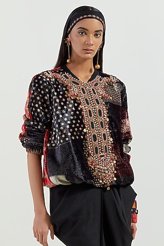 Surmai Black Velvet Resham Embroidered Sweatshirt Jacket by ASEEM KAPOOR