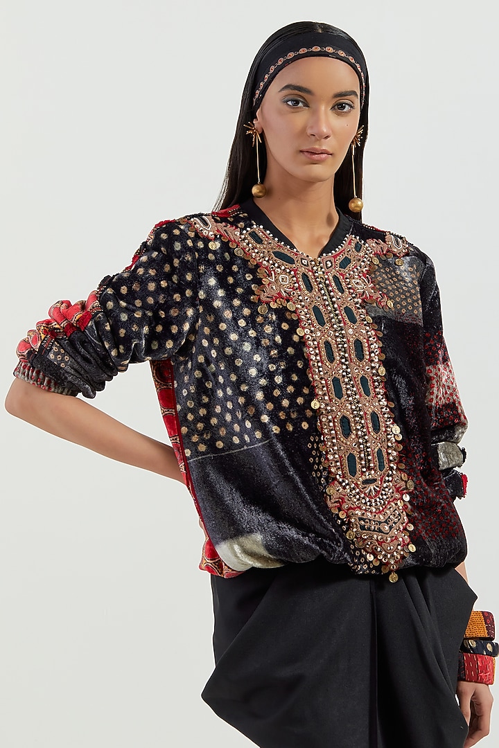 Surmai Black Velvet Resham Embroidered Sweatshirt Jacket by ASEEM KAPOOR at Pernia's Pop Up Shop