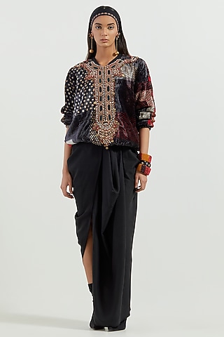 Surmai Black Velvet & Crepe Embroidered Skirt Set by ASEEM KAPOOR
