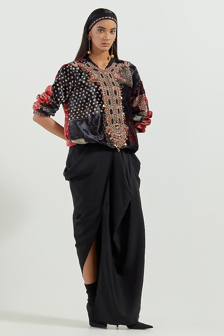 Surmai Black Velvet & Crepe Embroidered Skirt Set by ASEEM KAPOOR at Pernia's Pop Up Shop