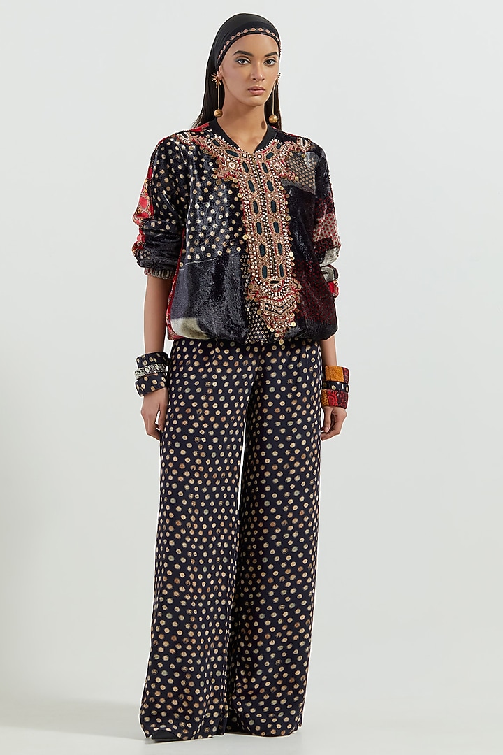 Surmai Black Velvet & Crepe Printed Pant Set by ASEEM KAPOOR at Pernia's Pop Up Shop