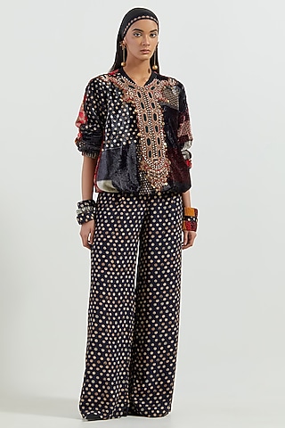 Surmai Black Velvet & Crepe Printed Pant Set by ASEEM KAPOOR