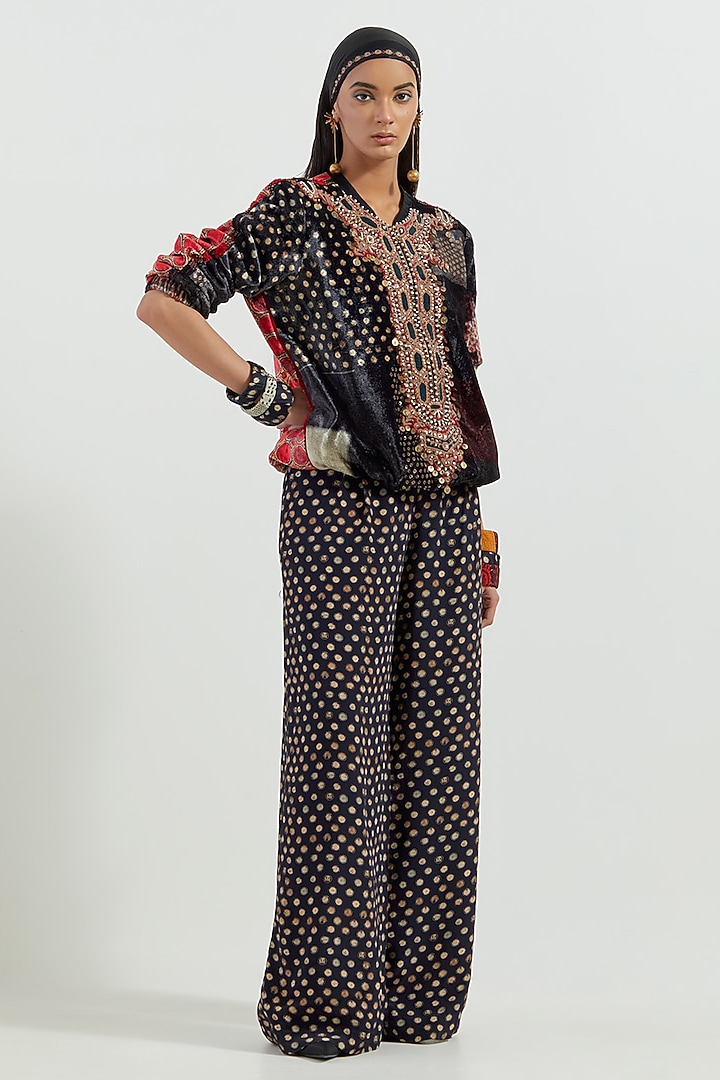 Surmai Black Velvet & Crepe Printed Pant Set by ASEEM KAPOOR at Pernia's Pop Up Shop