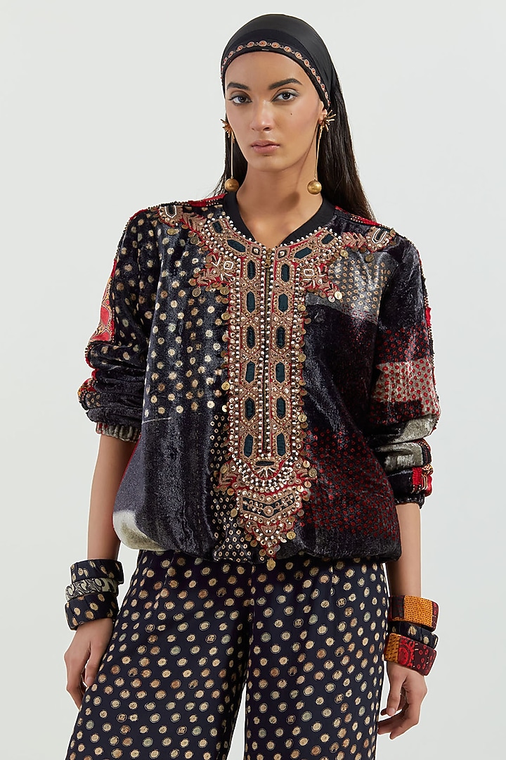 Surmai Black Velvet & Crepe Printed Pant Set by ASEEM KAPOOR at Pernia's Pop Up Shop