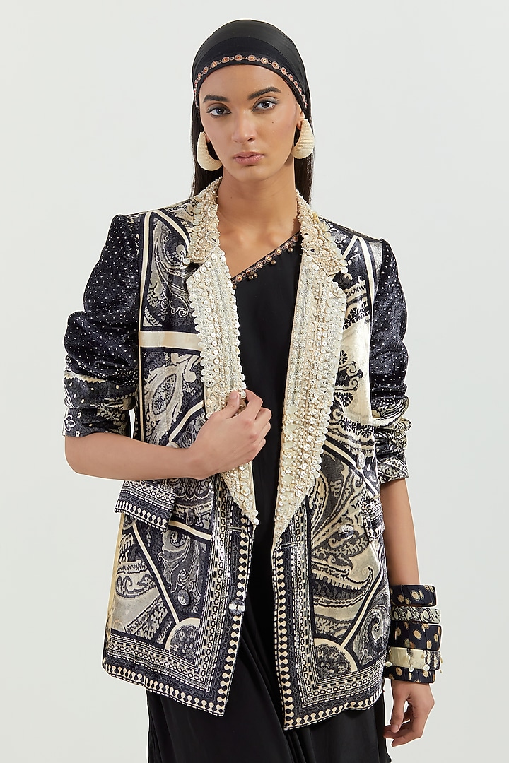 Surmai & Mogra Velvet Embroidered Double Breasted Jacket by ASEEM KAPOOR at Pernia's Pop Up Shop
