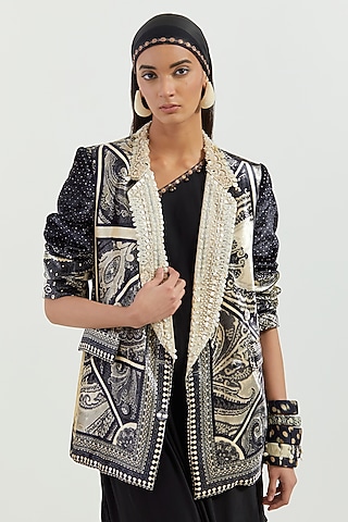 Surmai & Mogra Velvet Embroidered Double Breasted Jacket by ASEEM KAPOOR