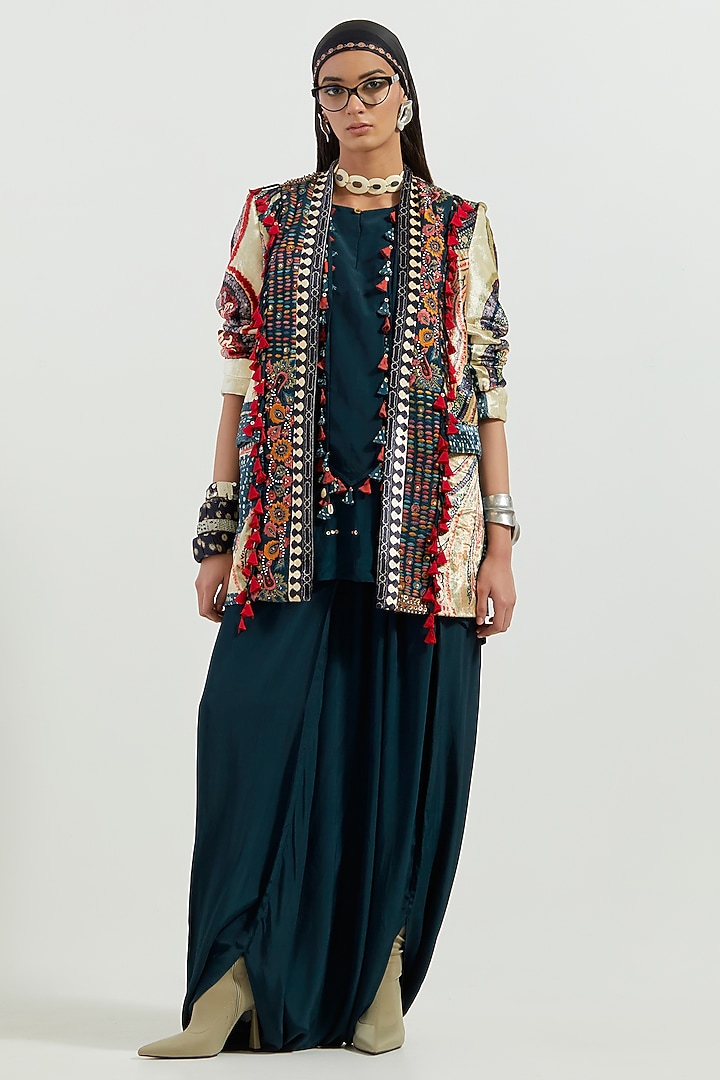 Multi-Colored Velvet & Crepe Embroidered Jacket Kurta Set by ASEEM KAPOOR at Pernia's Pop Up Shop