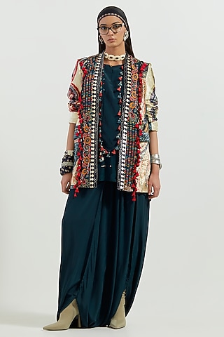 Multi-Colored Velvet & Crepe Embroidered Jacket Kurta Set by ASEEM KAPOOR