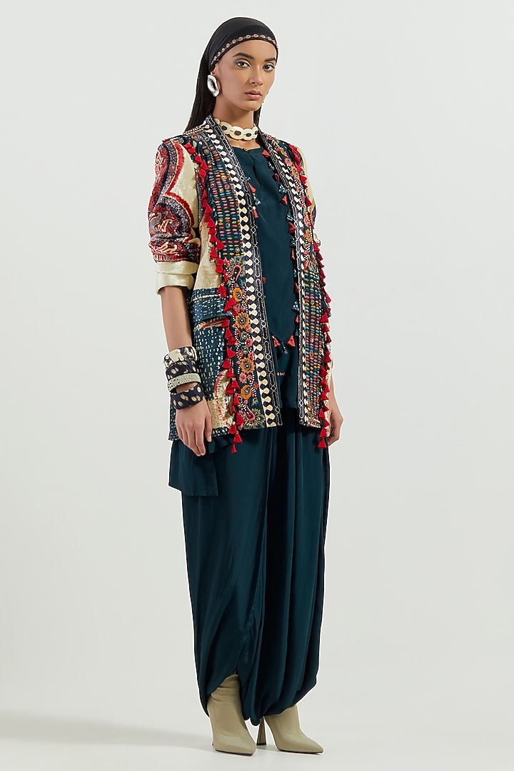 Multi-Colored Velvet & Crepe Embroidered Jacket Kurta Set by ASEEM KAPOOR at Pernia's Pop Up Shop