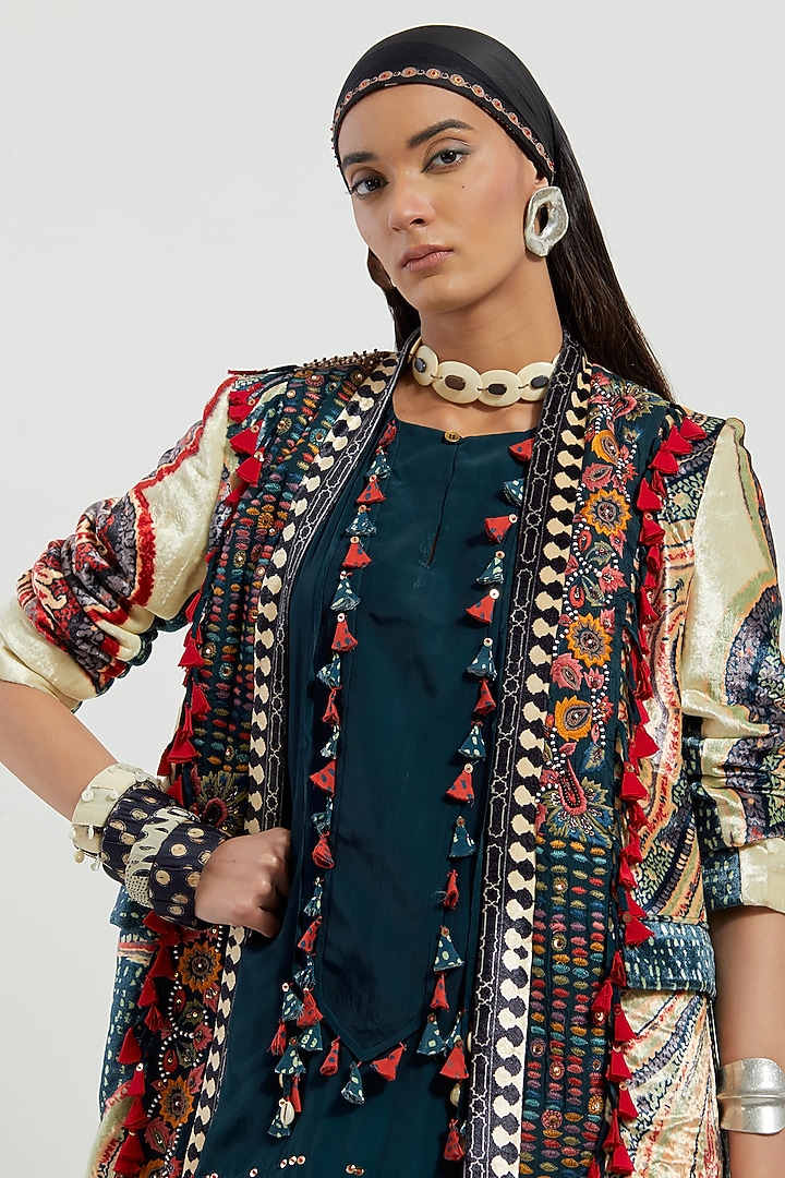 Multi-Colored Velvet & Crepe Embroidered Jacket Kurta Set by ASEEM KAPOOR at Pernia's Pop Up Shop