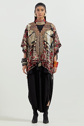 Multi-Colored Velvet & Crepe Embroidered Jacket Set by ASEEM KAPOOR