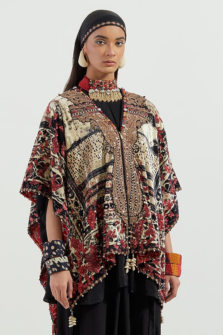 Multi-Colored Velvet & Crepe Embroidered Jacket Set by ASEEM KAPOOR at Pernia's Pop Up Shop