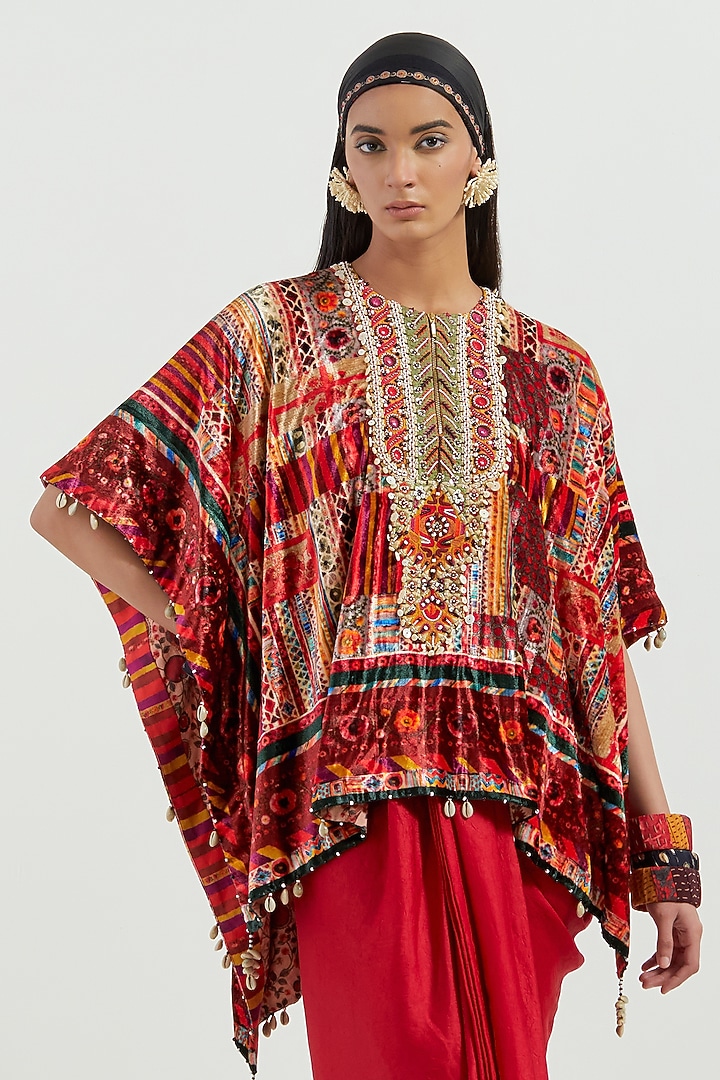 Multi-Colored Velvet Embroidered Dupatta Poncho Jacket by ASEEM KAPOOR at Pernia's Pop Up Shop
