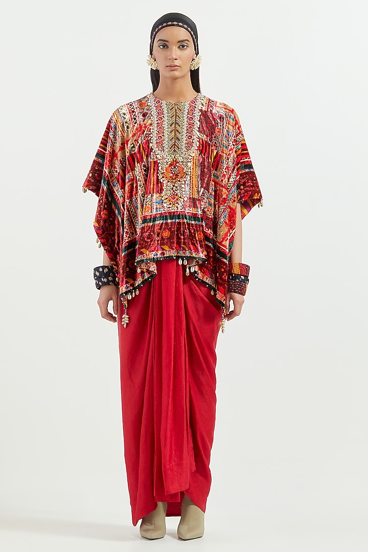 Multi-Colored Velvet Embroidered Dupatta Poncho Jacket by ASEEM KAPOOR at Pernia's Pop Up Shop