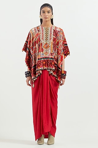 Sindoor Red Crushed Silk Pleated Skirt Set by ASEEM KAPOOR