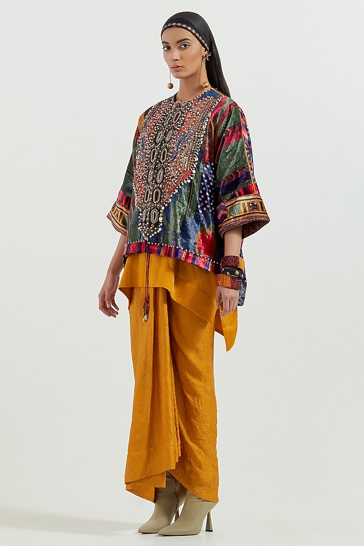 Mustard Crushed Silk Pleated Skirt Set by ASEEM KAPOOR at Pernia's Pop Up Shop