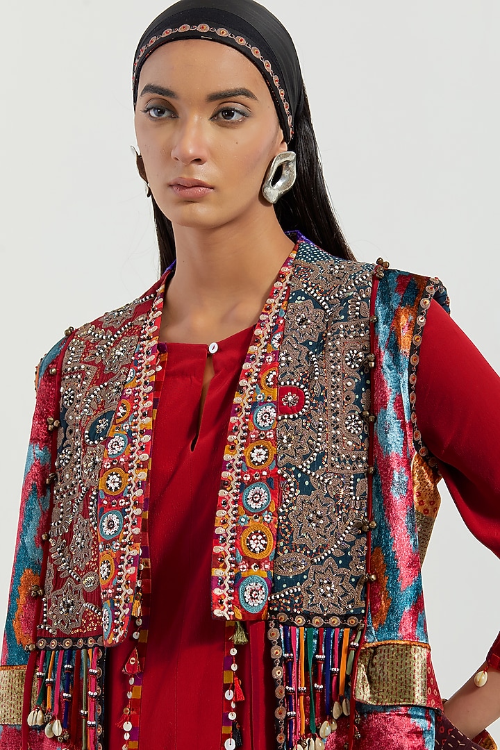 Multi-Colored Velvet Embroidered Open Structured Sleeveless Jacket by ASEEM KAPOOR at Pernia's Pop Up Shop