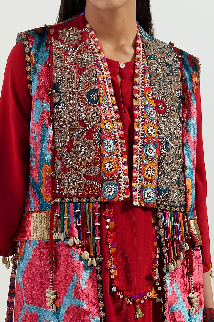 Multi-Colored Velvet Embroidered Open Structured Sleeveless Jacket by ASEEM KAPOOR at Pernia's Pop Up Shop