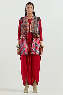 Sindoor Red Velvet & Crushed Silk Jacket Kurta Set by ASEEM KAPOOR-POPULAR PRODUCTS AT STORE