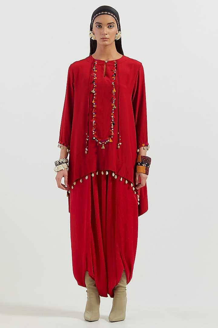Sindoor Red Velvet & Crushed Silk Jacket Kurta Set by ASEEM KAPOOR at Pernia's Pop Up Shop