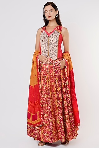 Red Slub Linen Lehenga Set by Aseem kapoor