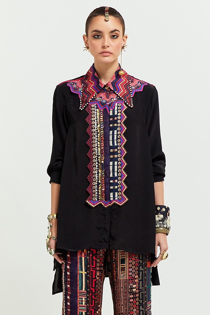 Black Natural Crepe Bead Embroidered Shirt by ASEEM KAPOOR