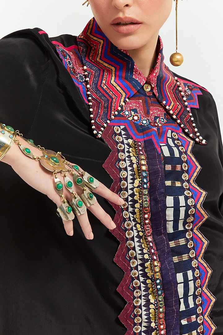 Black Natural Crepe Bead Embroidered Shirt by ASEEM KAPOOR at Pernia's Pop Up Shop