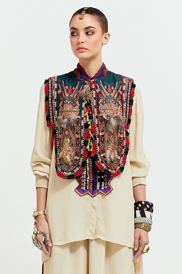 White Silk & Slub Satin Jacket Set by ASEEM KAPOOR at Pernia's Pop Up Shop