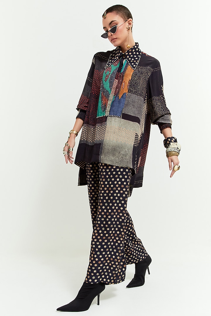 Black Natural Crepe Printed & Bead Embroidered Shirt by ASEEM KAPOOR at Pernia's Pop Up Shop