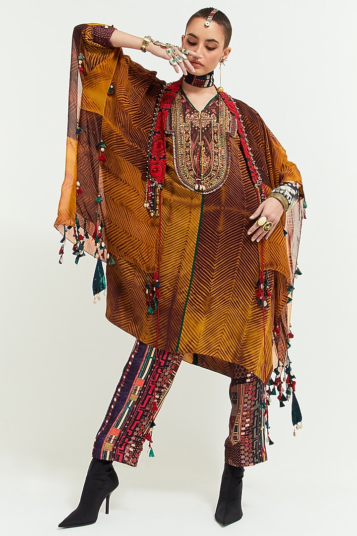 Topaz Yellow Slub Satin Shibori Printed & Resham Embroidered Tunic Set by ASEEM KAPOOR at Pernia's Pop Up Shop