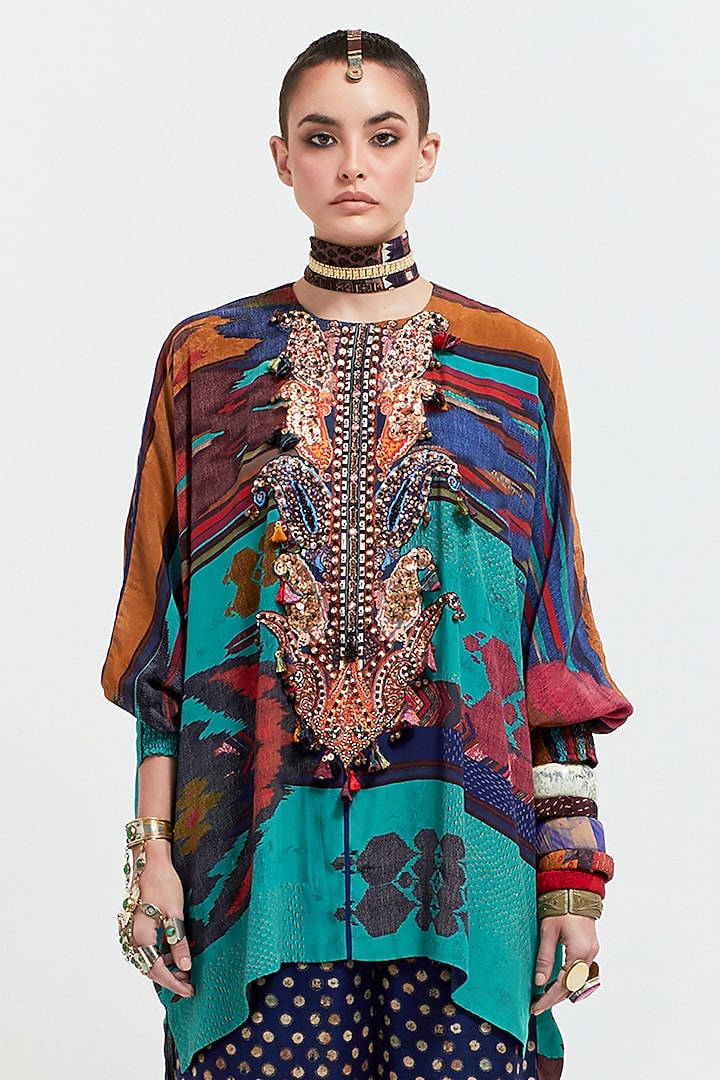 Multi-Colored Natural Crepe Printed & Resham Thread Embroidered Kurta Set by ASEEM KAPOOR at Pernia's Pop Up Shop
