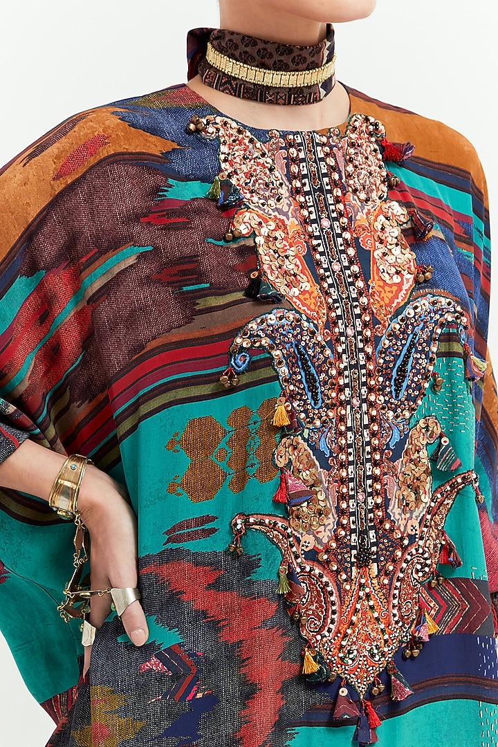 Multi-Colored Natural Crepe Printed & Resham Thread Embroidered Kurta Set by ASEEM KAPOOR at Pernia's Pop Up Shop