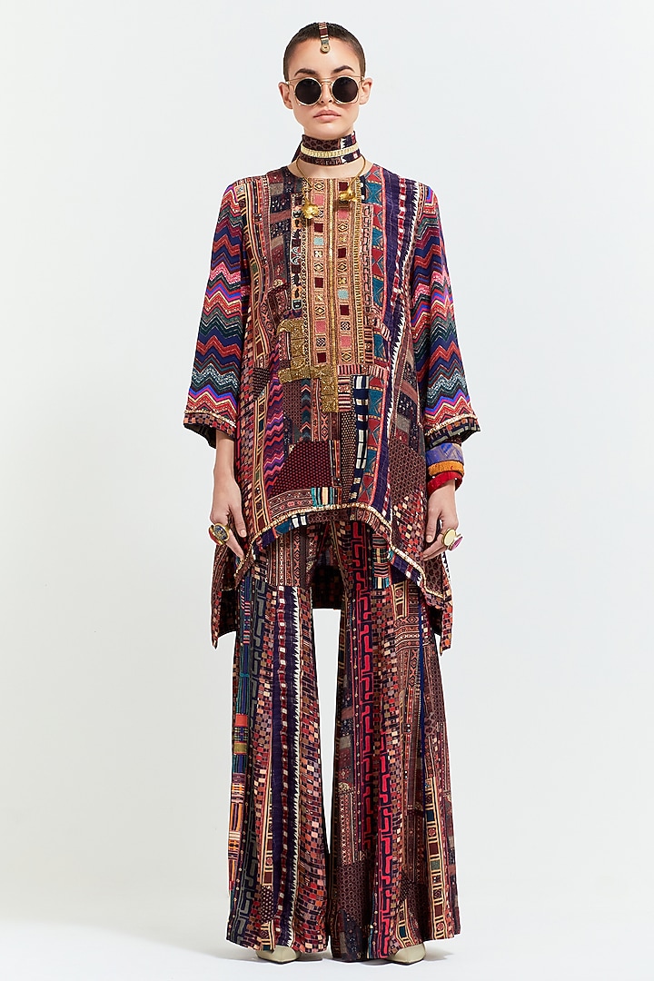 Multi-Colored Natural Crepe Printed & Resham Thread Embroidered Kurta Set by ASEEM KAPOOR at Pernia's Pop Up Shop
