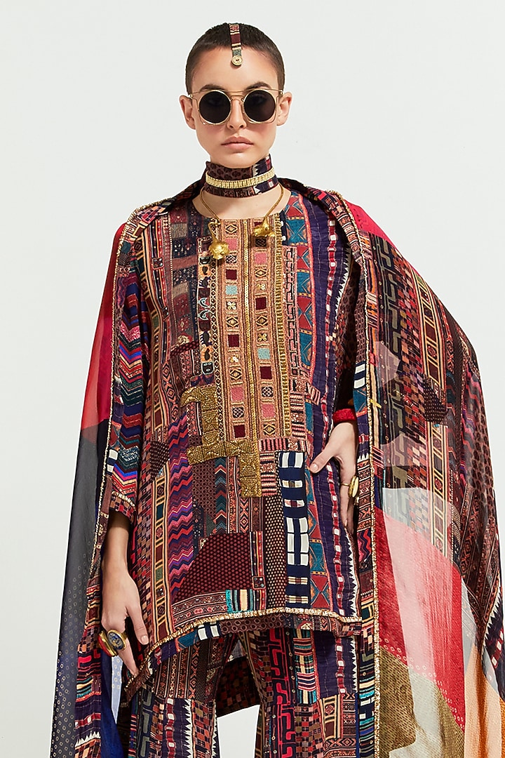 Multi-Colored Natural Crepe Printed & Resham Thread Embroidered Kurta Set by ASEEM KAPOOR at Pernia's Pop Up Shop
