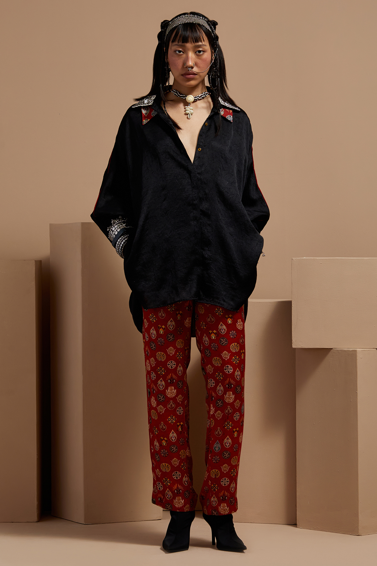 Sindoor Red Slub Satin Printed Pant Set by ASEEM KAPOOR at Pernia's Pop Up Shop