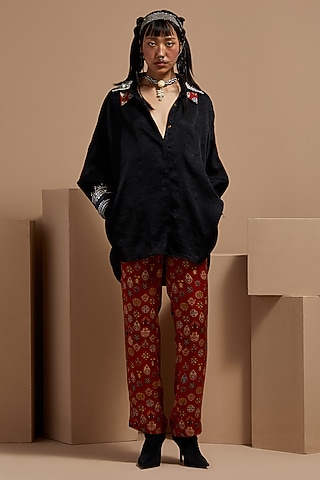 Sindoor Red Slub Satin Printed Pant Set by ASEEM KAPOOR