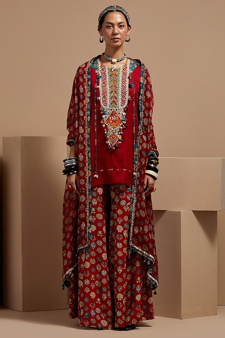 Sindoor Red Natural Crepe Printed Wedding Sharara Set by ASEEM KAPOOR at Pernia's Pop Up Shop