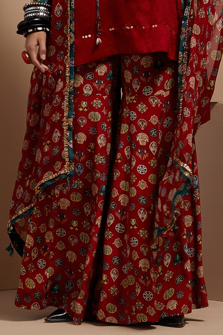 Sindoor Red Natural Crepe Printed Wedding Sharara Set by ASEEM KAPOOR at Pernia's Pop Up Shop