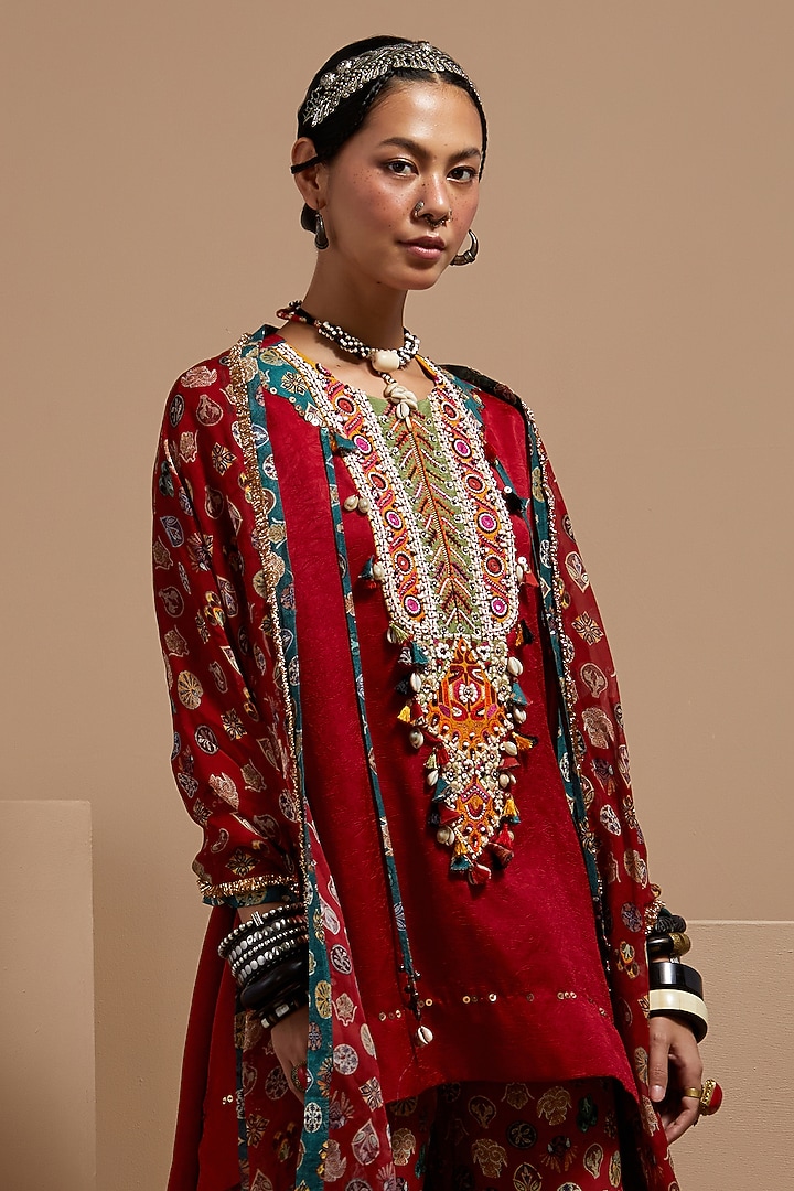 Sindoor Red Natural Crepe Printed Wedding Sharara Set by ASEEM KAPOOR at Pernia's Pop Up Shop