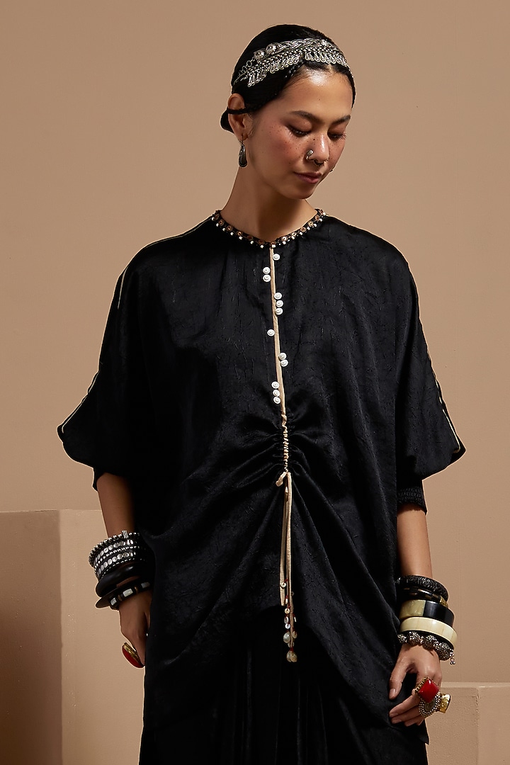 Surmai Black Crushed Silk Pleated Skirt Set by ASEEM KAPOOR at Pernia's Pop Up Shop