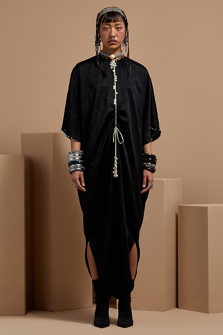Surmai Black Crushed Silk Kaftan Jumpsuit by ASEEM KAPOOR at Pernia's Pop Up Shop