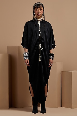 Surmai Black Crushed Silk Kaftan Jumpsuit by ASEEM KAPOOR