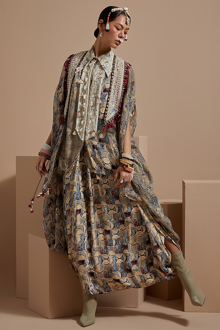 Multi-Colored Sheer Silk Resham Embroidered Jacket Set by ASEEM KAPOOR at Pernia's Pop Up Shop